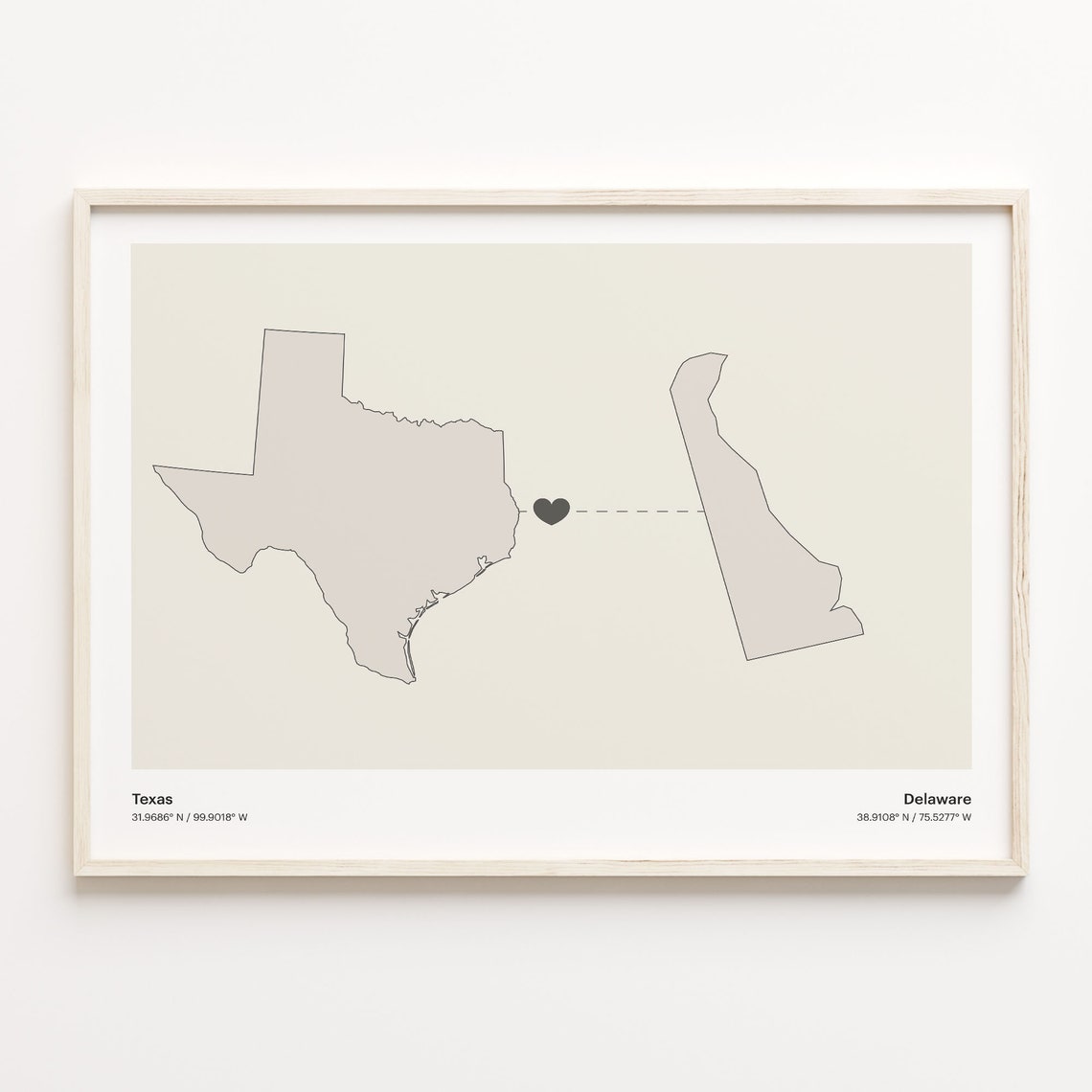 Texas to Delaware Heart Map Long Distance Relationship Poster