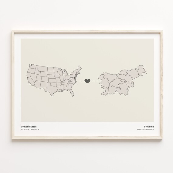 United States To Slovenia Heart Connection Minimalist Beige Map Poster
