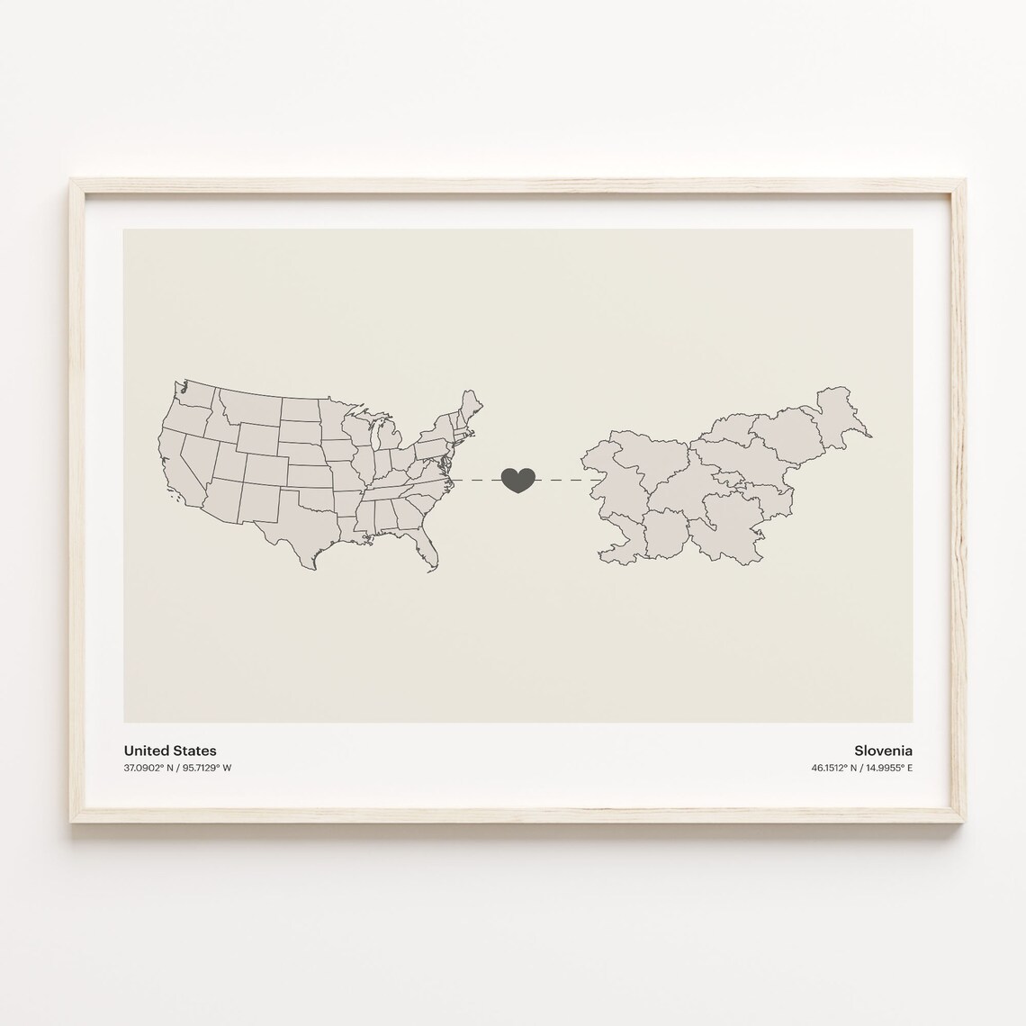 United States To Slovenia Heart Connection Minimalist Beige Map Poster