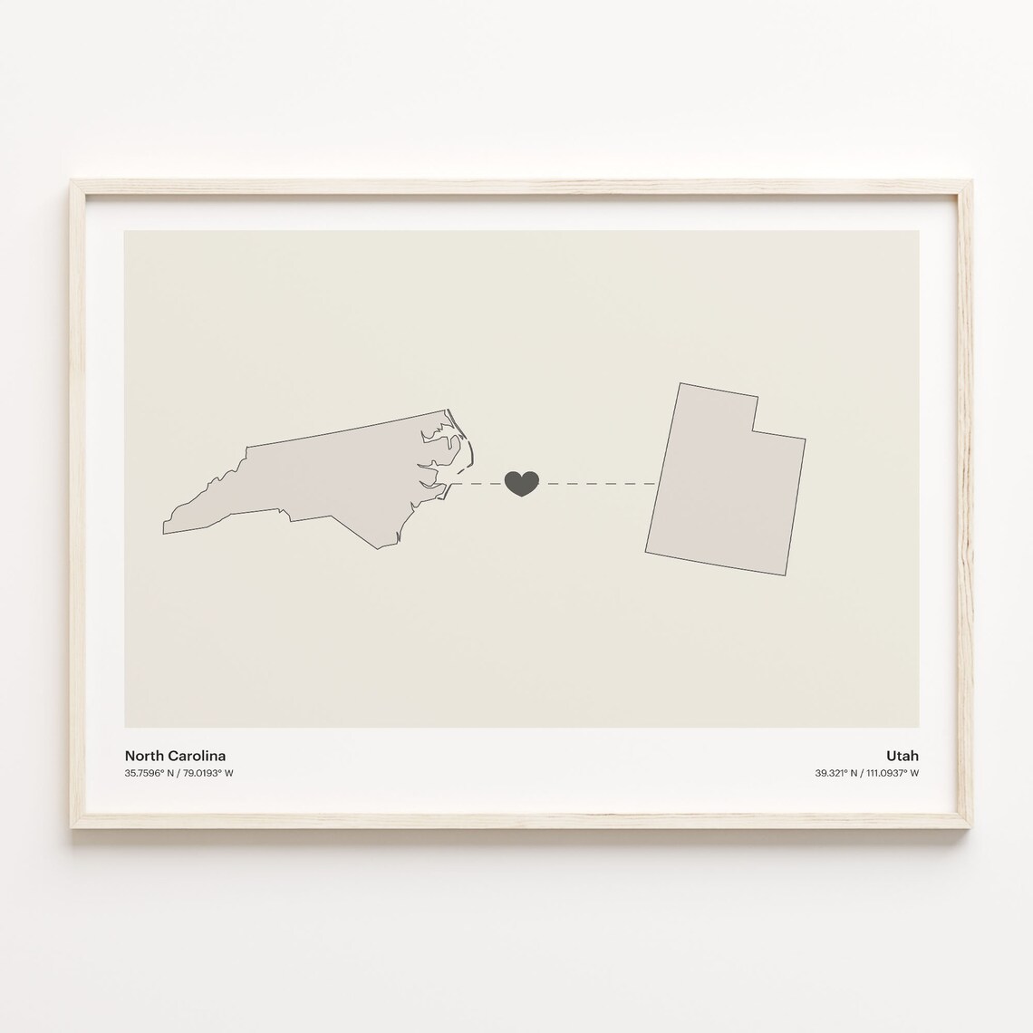 North Carolina Utah Beige Minimalist Heart Connection Map Poster