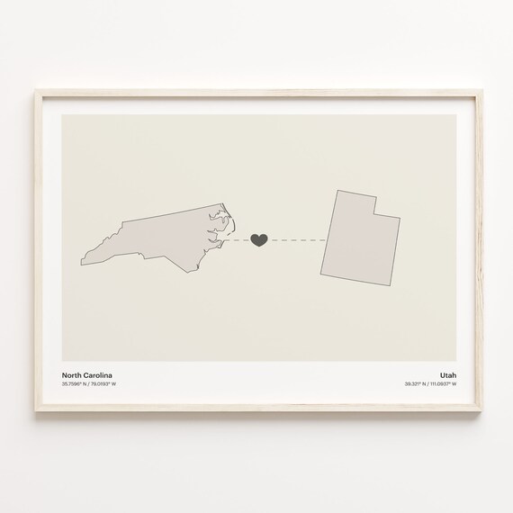 North Carolina Utah Beige Minimalist Heart Connection Map Poster
