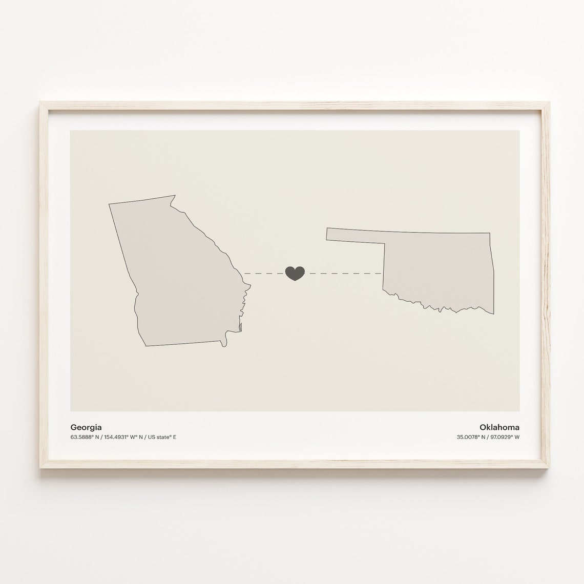 Georgia Oklahoma Beige Minimalist Heart Connection Map Poster
