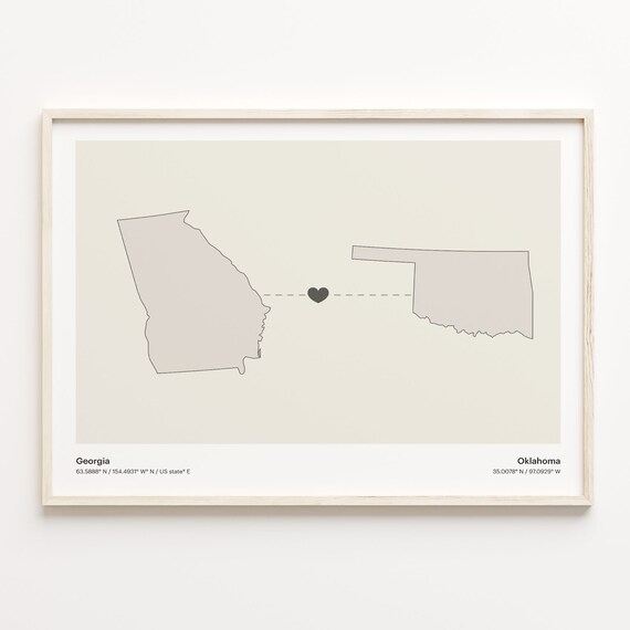 Georgia Oklahoma Beige Minimalist Heart Connection Map Poster