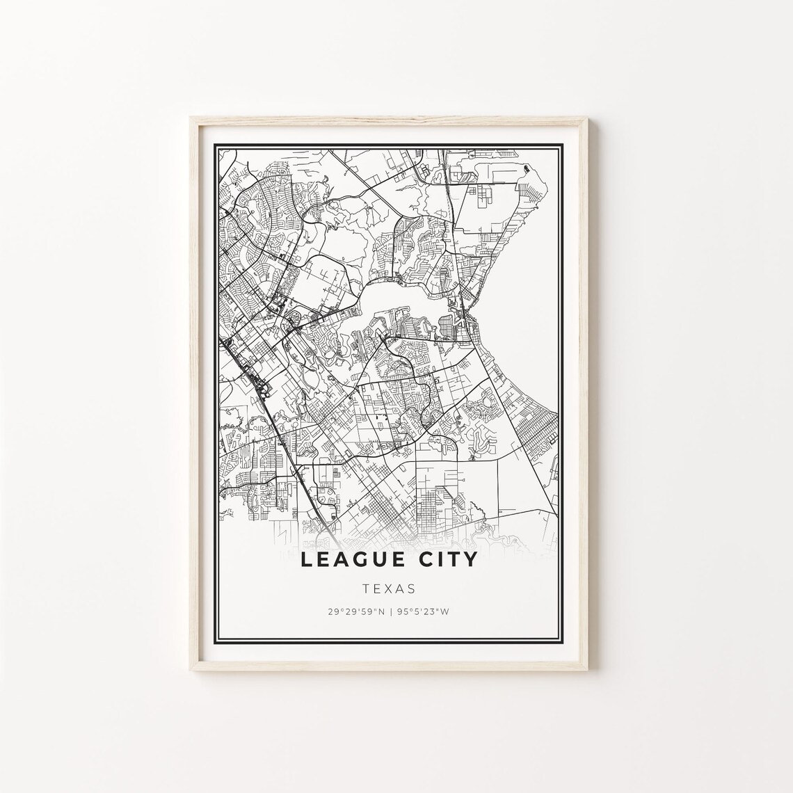 League City Map Art Poster, Texas Wall Decor