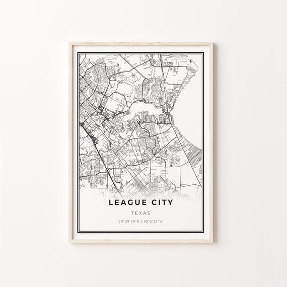 League City Map Art Poster, Texas Wall Decor