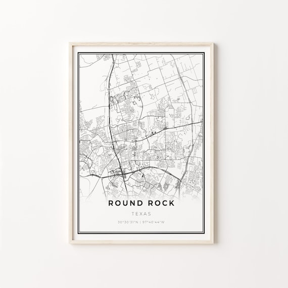 Round Rock Texas Minimalist Modern Black And White City Map Poster