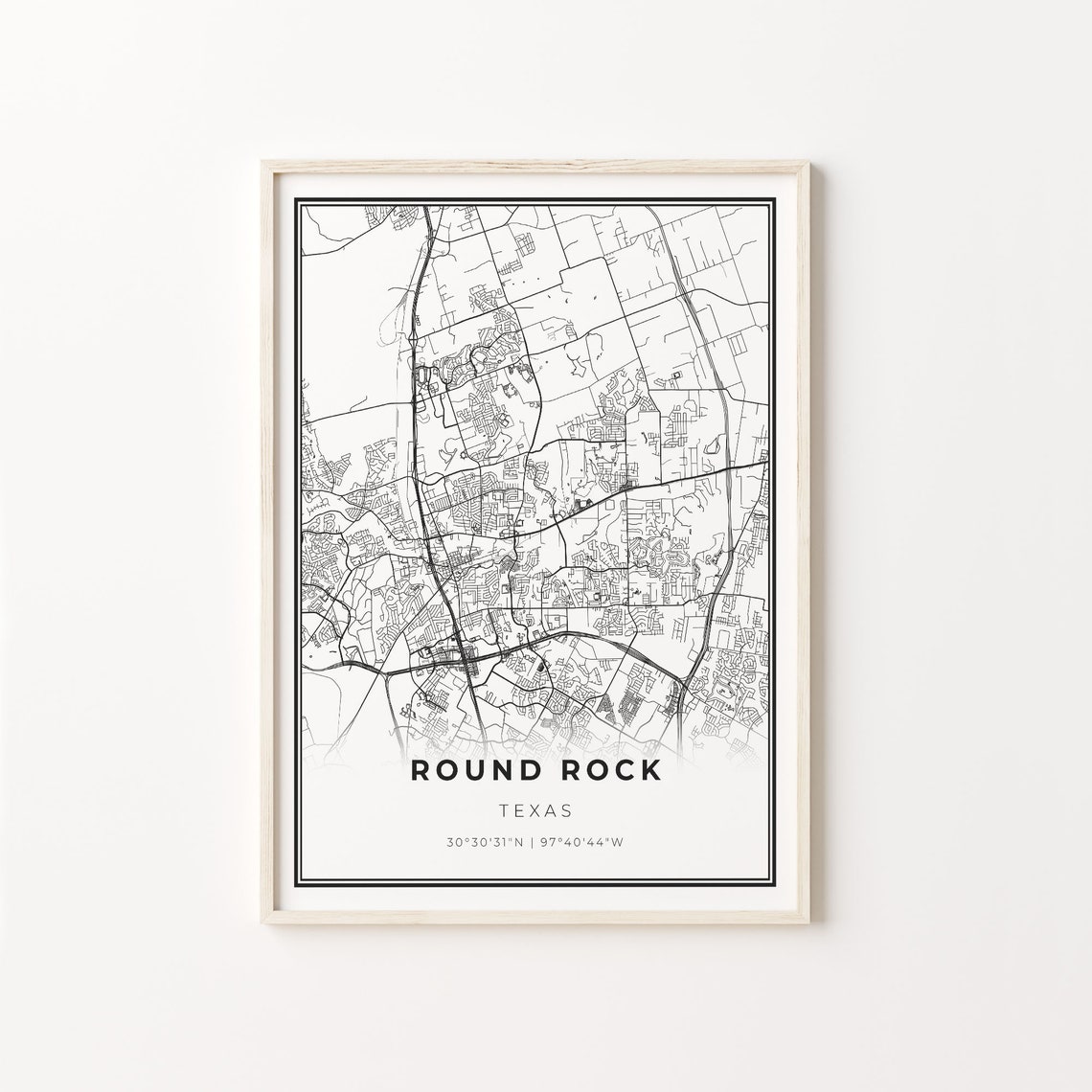 Round Rock Texas Minimalist Modern Black And White City Map Poster
