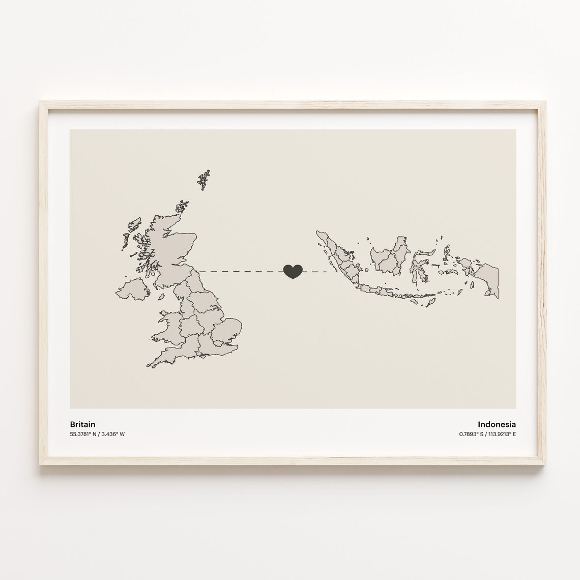 Britain Indonesia Heart Connection Long Distance Love Map Poster