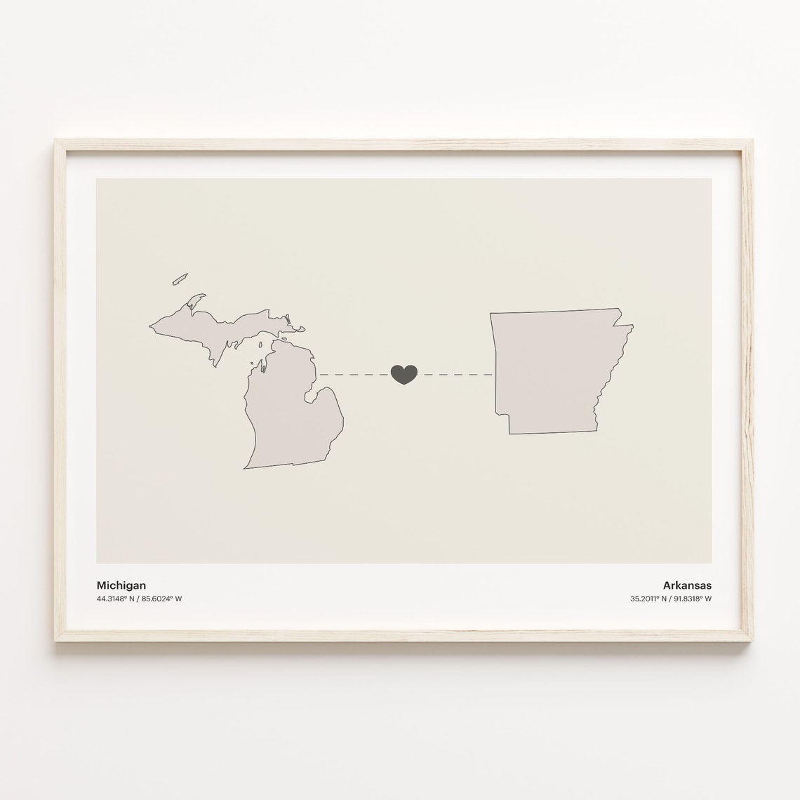 Michigan to Arkansas Minimalist Long Distance Connection Map Poster