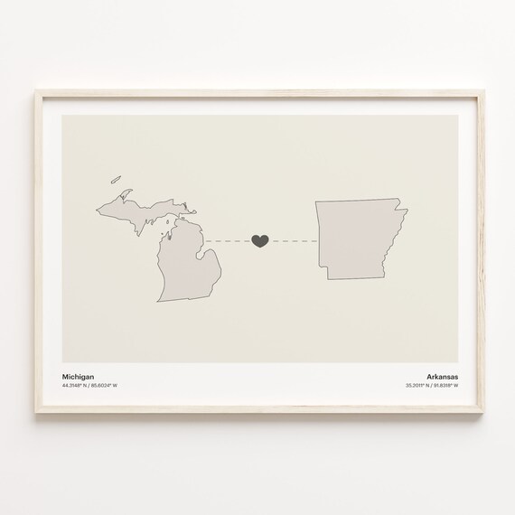 Michigan to Arkansas Minimalist Long Distance Connection Map Poster