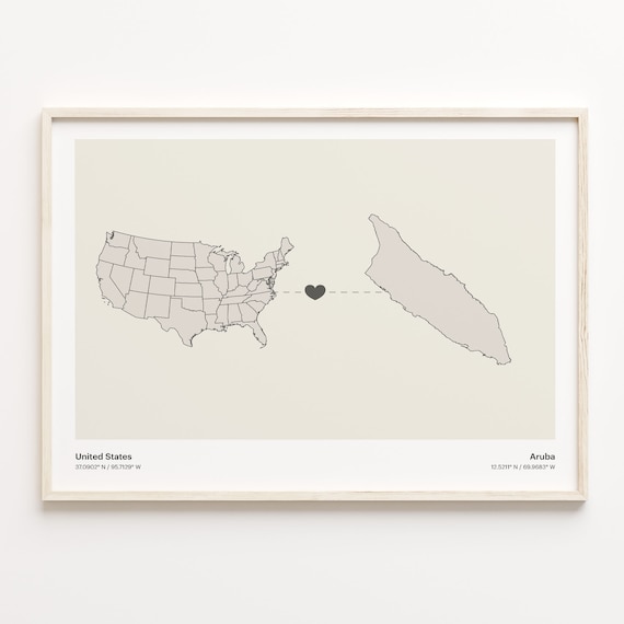 United States to Aruba Heart Connection Map Minimalist Poster