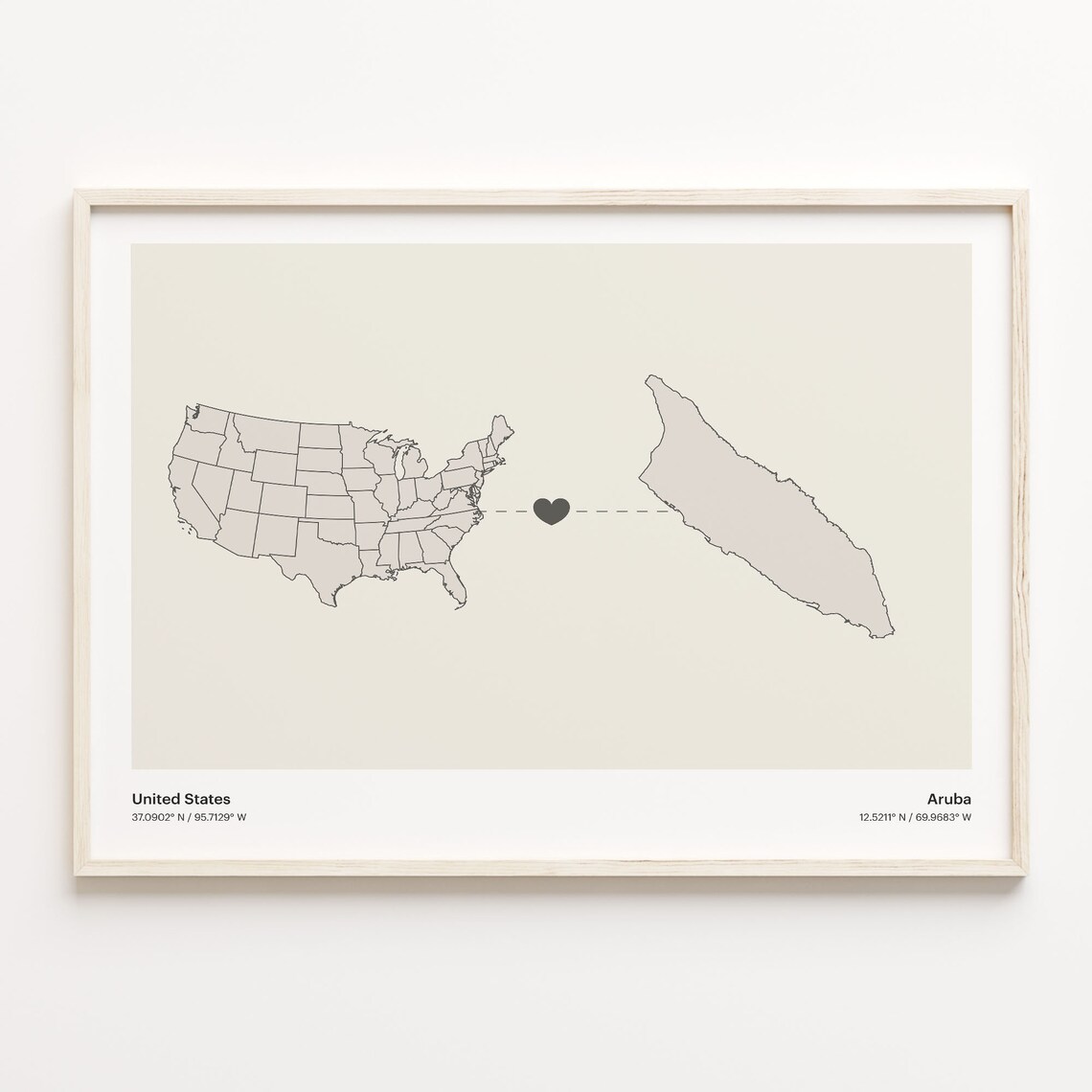 United States to Aruba Heart Connection Map Minimalist Poster