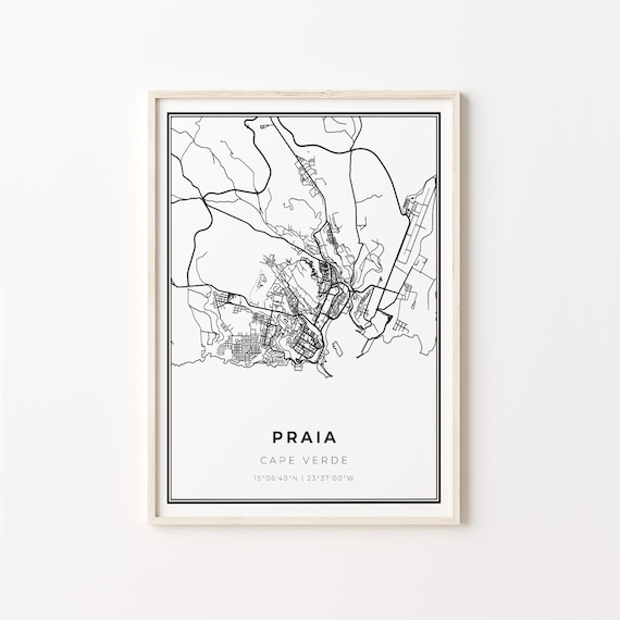 Praia Cape Verde Minimalist Black White City Street Map Art Poster
