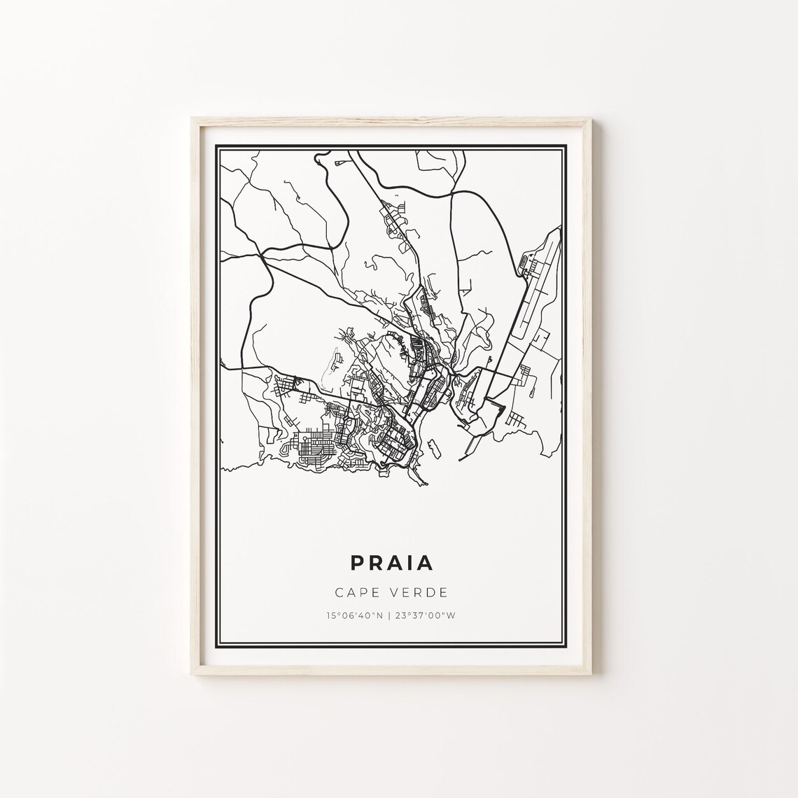 Praia Cape Verde Minimalist Black White City Street Map Art Poster