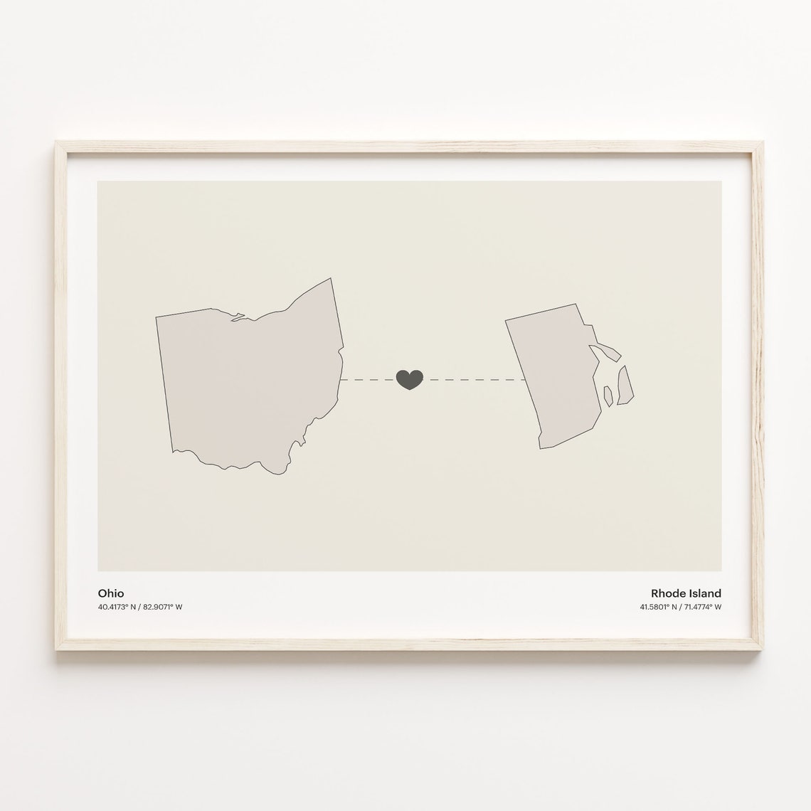 Ohio Rhode Island Minimalist Long Distance Love Heart Map Poster