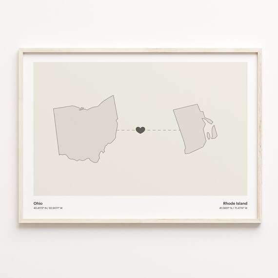 Ohio Rhode Island Minimalist Long Distance Love Heart Map Poster