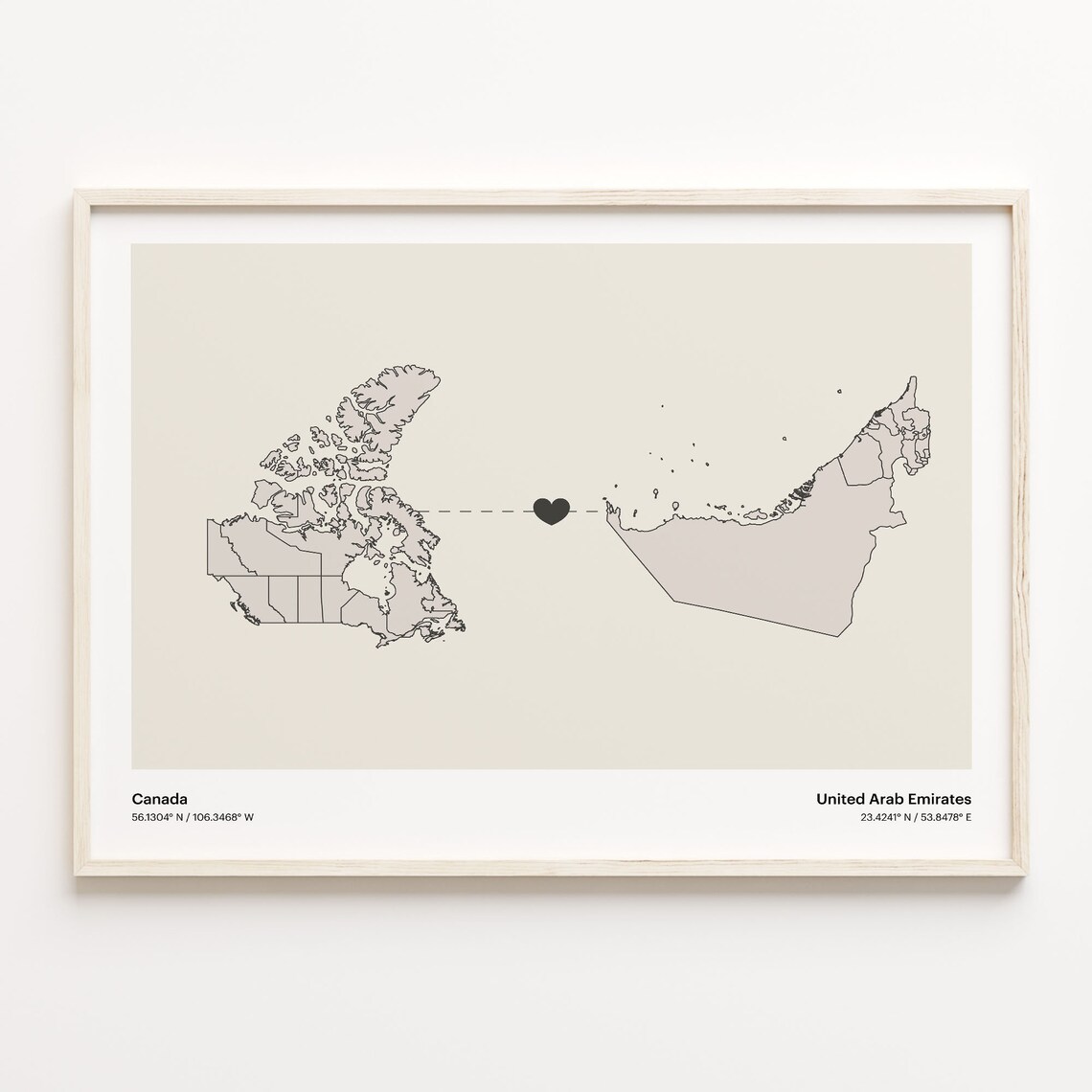 Canada To United Arab Emirates Minimalist Map Heart Connection Gift Poster