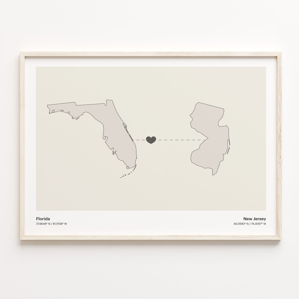 Florida To New Jersey Minimalist Heart Connection Map Poster