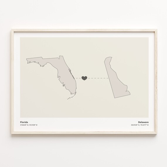 Florida Delaware Beige Minimalist Heart Connection Map Poster