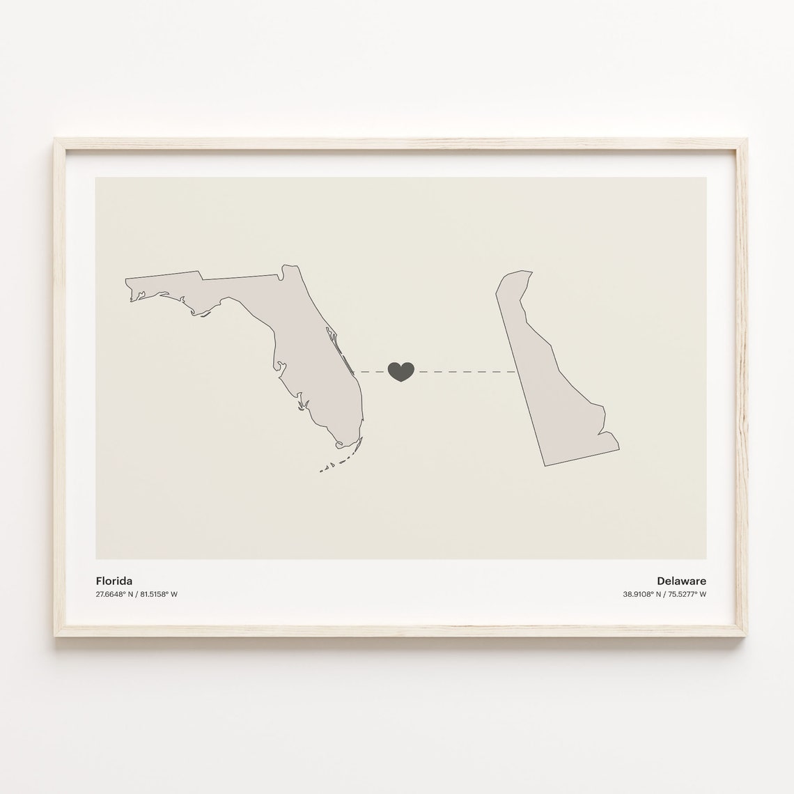 Florida Delaware Beige Minimalist Heart Connection Map Poster