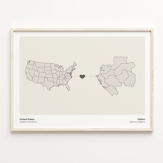 United States to Gabon Heart Connection Minimalist Country Map Poster