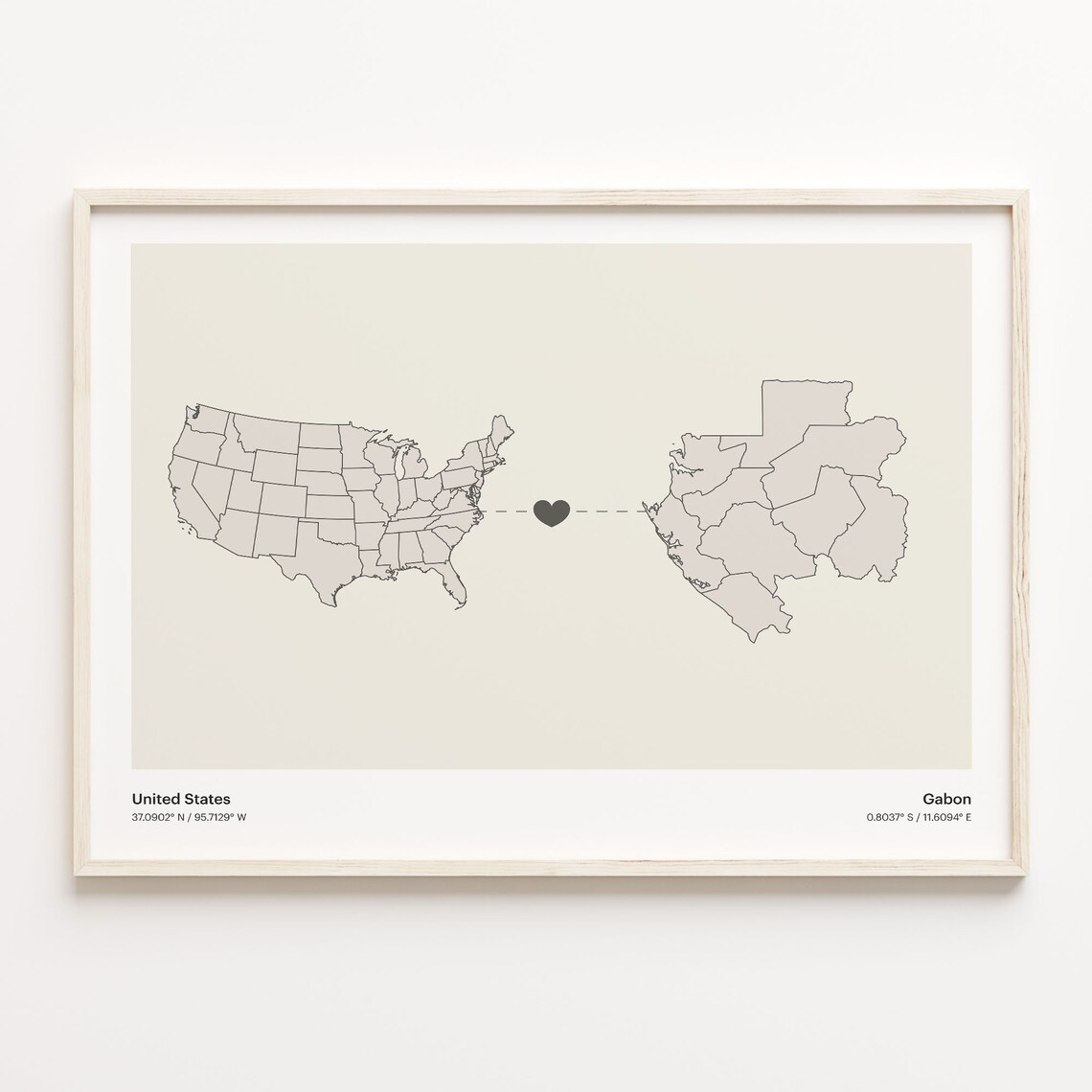 United States to Gabon Heart Connection Minimalist Country Map Poster