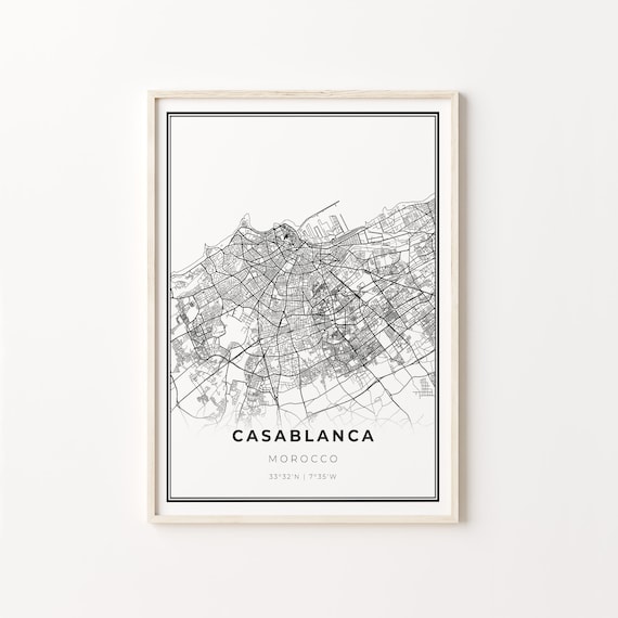 Casablanca Morocco Minimalist Black and White City Street Map Poster