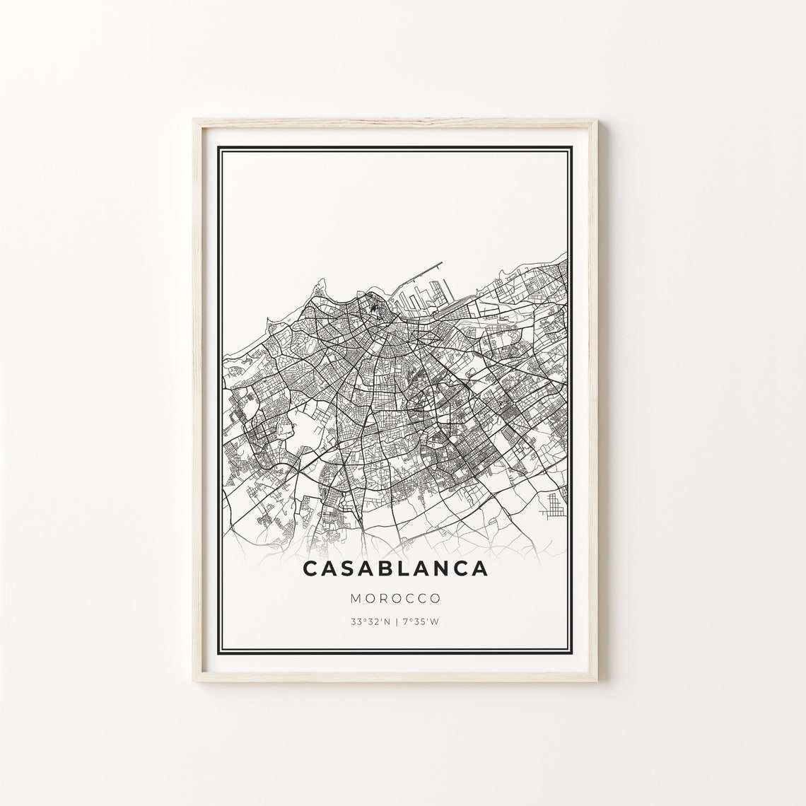 Casablanca Morocco Minimalist Black and White City Street Map Poster
