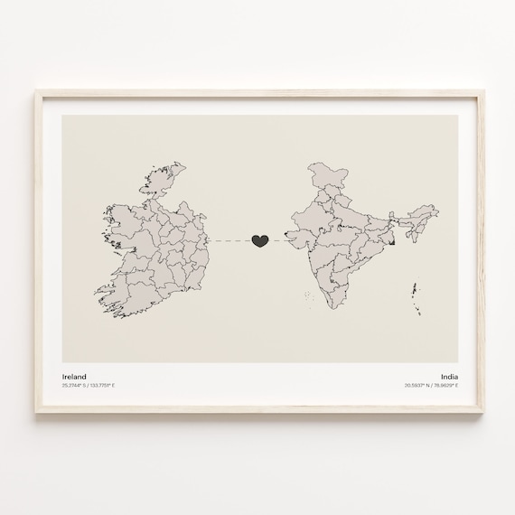 Ireland India Long Distance Heart Connection Map Poster Gift