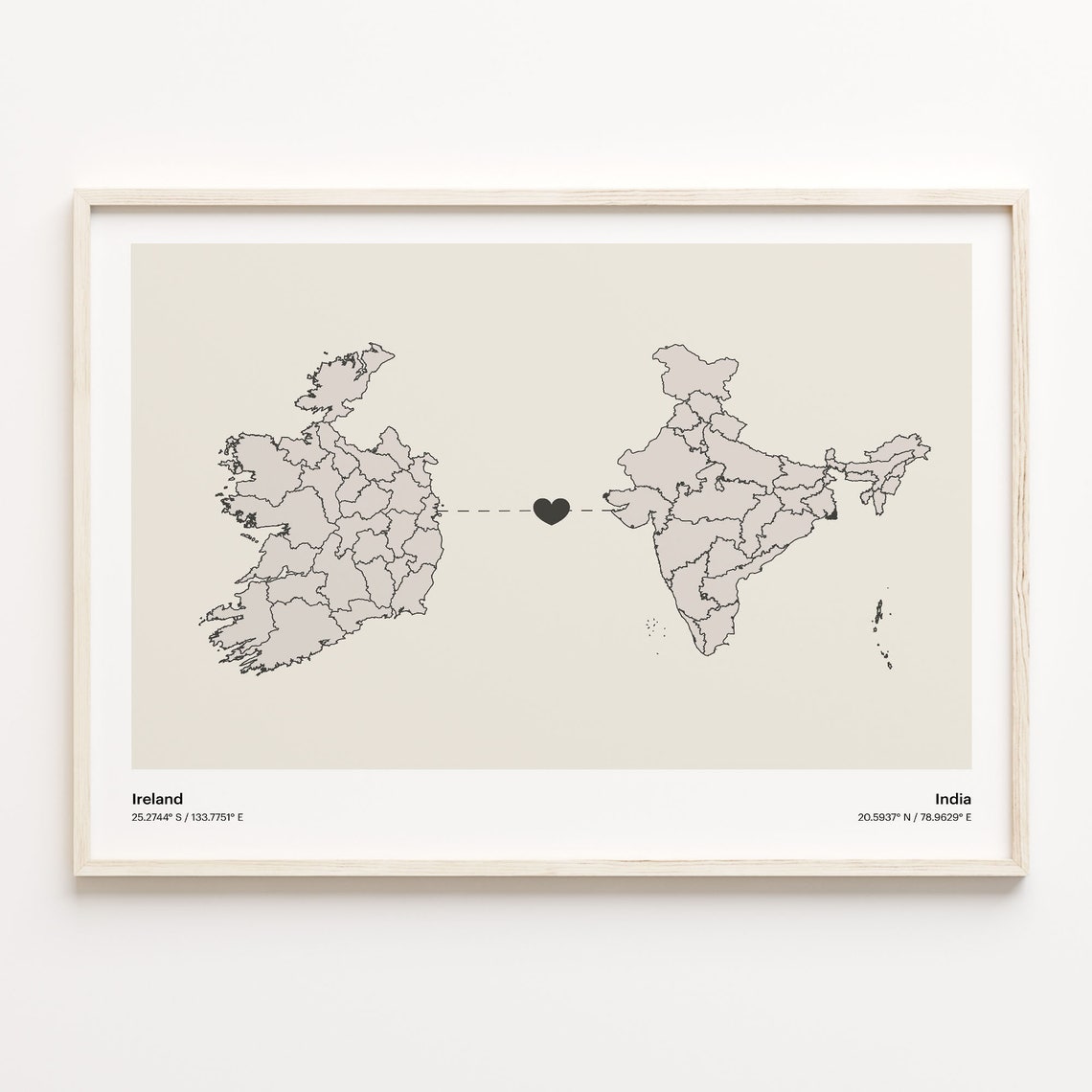 Ireland India Long Distance Heart Connection Map Poster Gift