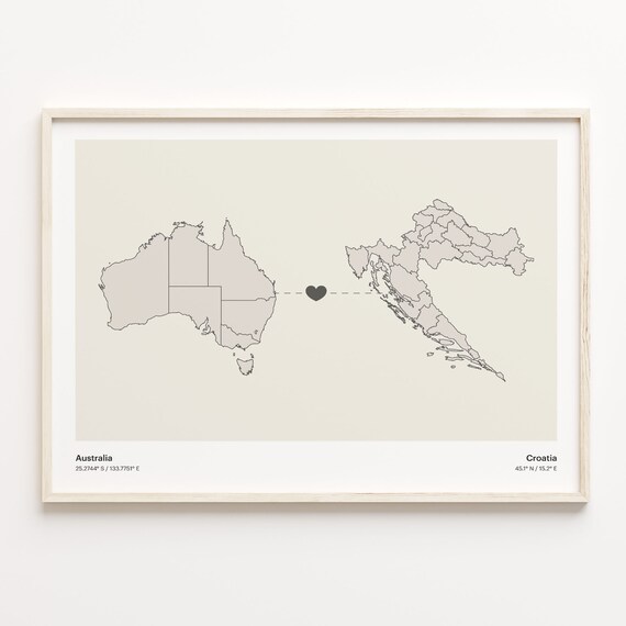 Australia To Croatia Minimalist Map Heart Connection Gift Poster