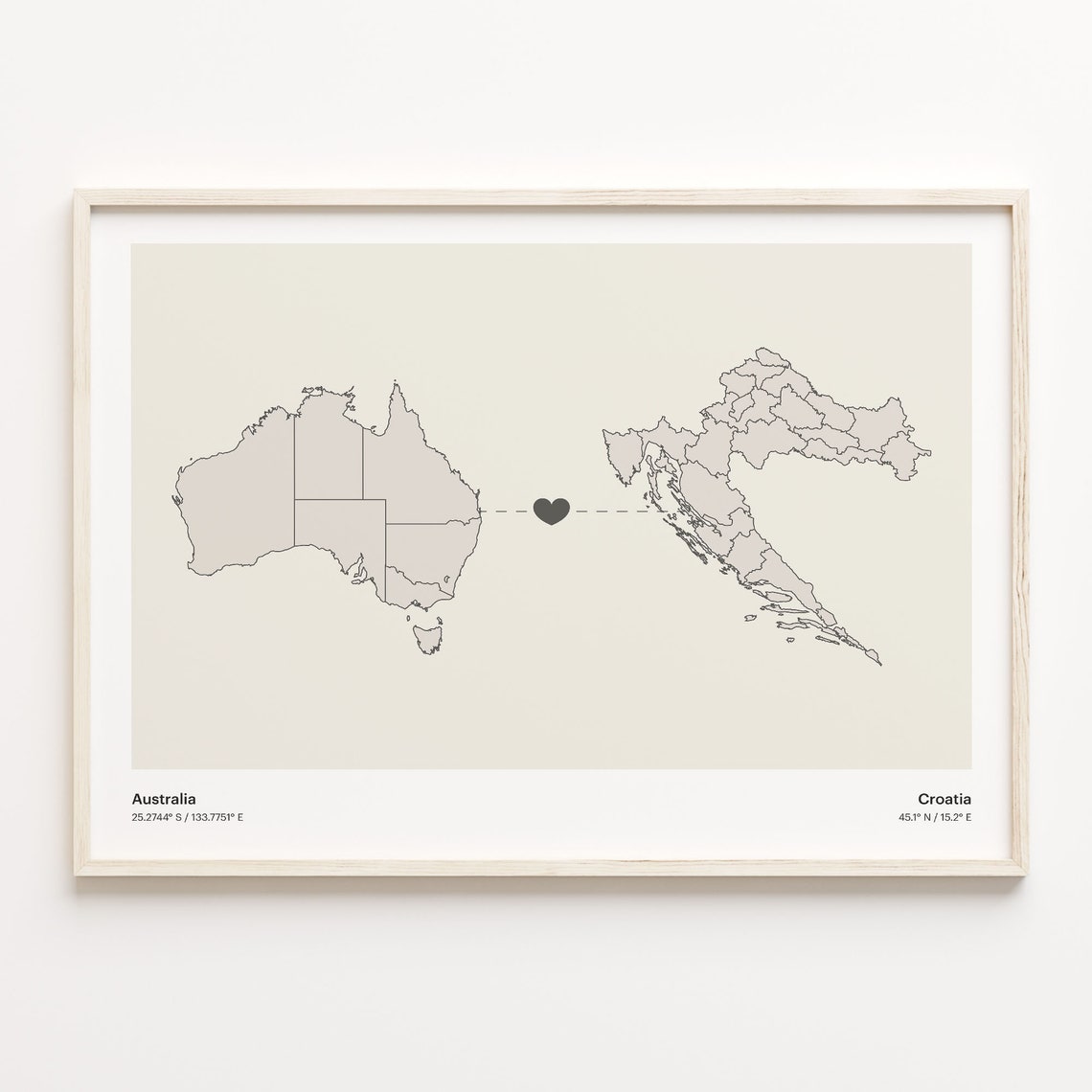 Australia To Croatia Minimalist Map Heart Connection Gift Poster