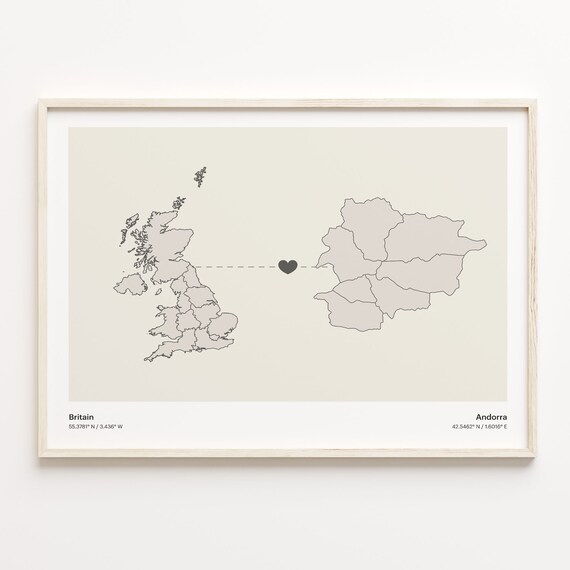 Britain to Andorra Europe Heart Connection Long Distance Map Poster