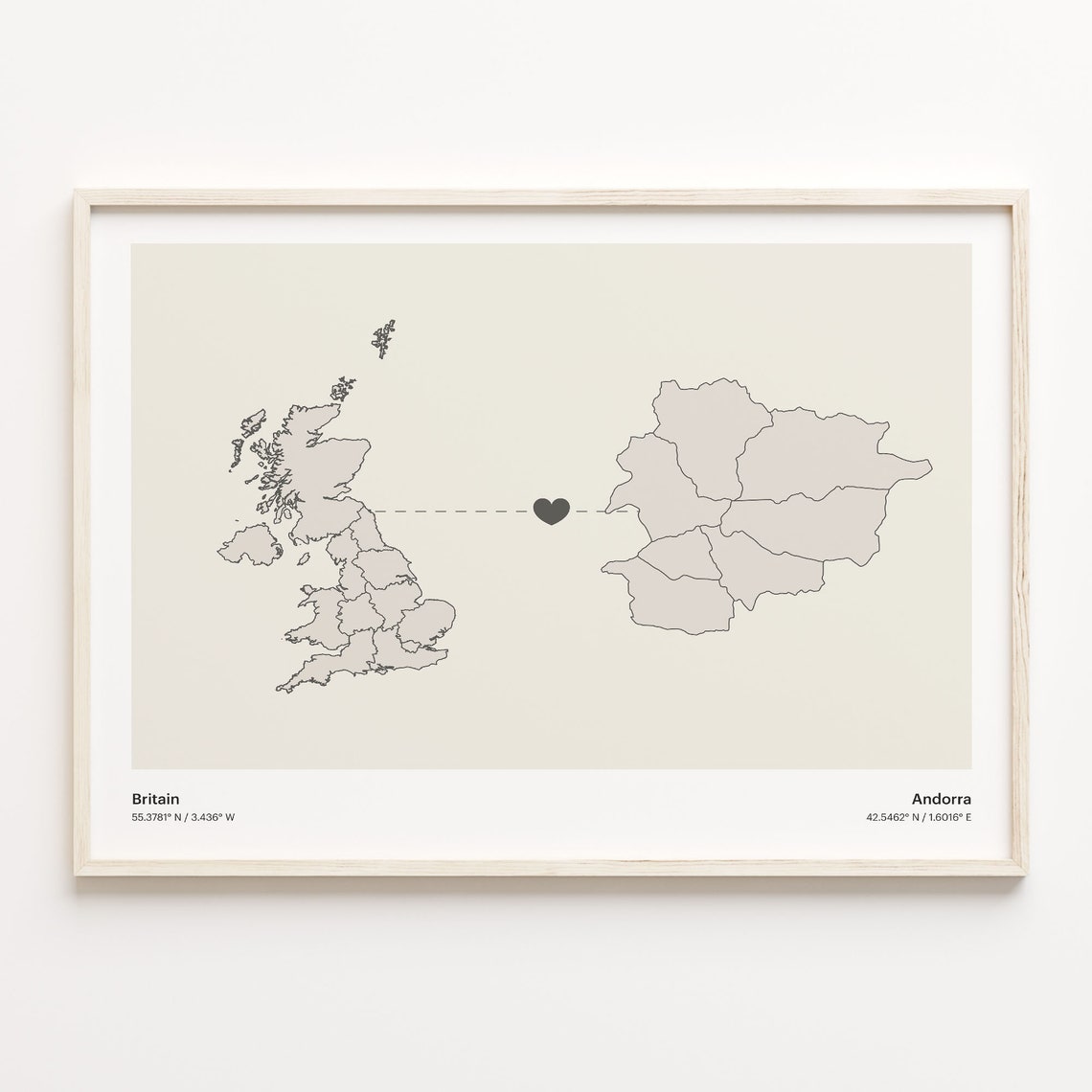 Britain to Andorra Europe Heart Connection Long Distance Map Poster