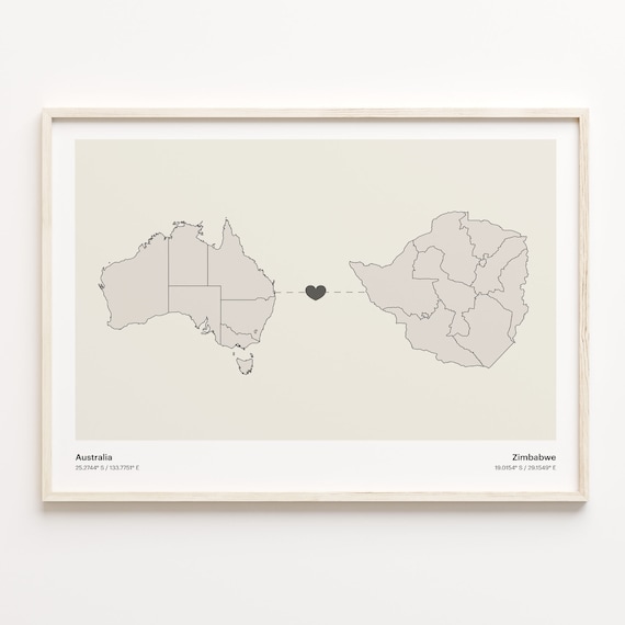 Australia To Zimbabwe Minimalist Map Heart Connection Gift Poster