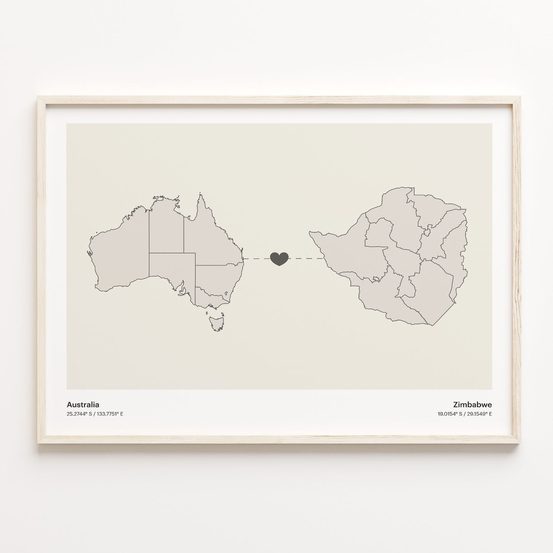 Australia To Zimbabwe Minimalist Map Heart Connection Gift Poster