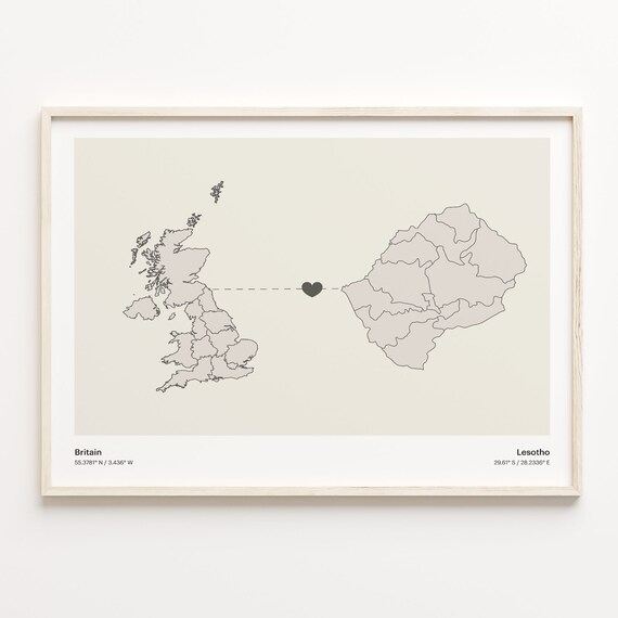 Britain To Lesotho Minimalistic Heart Love Connection Map Poster