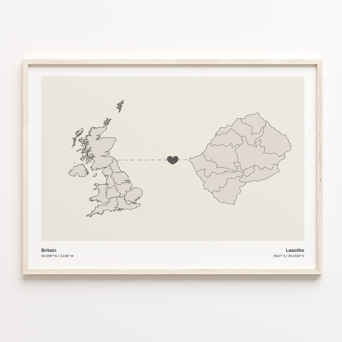 Britain To Lesotho Minimalistic Heart Love Connection Map Poster