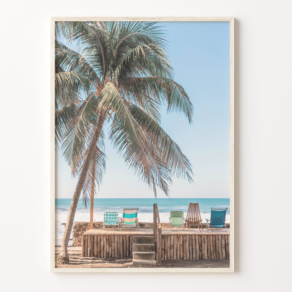Tropical Beach Palm Tree Deck Chairs Ocean View Photography Poster