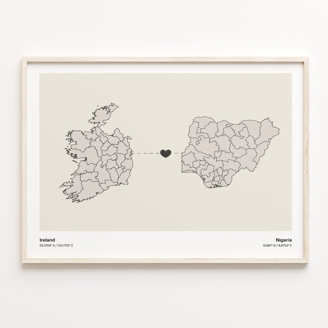 Ireland To Nigeria Minimalist Connection Map Art Print