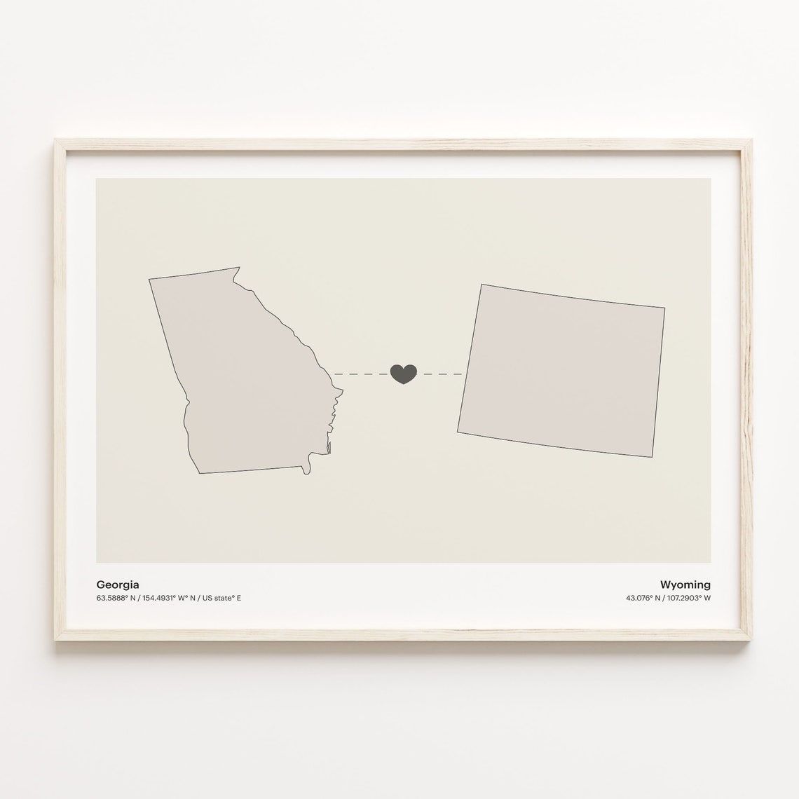 Georgia To Wyoming Minimalist Heart State Map Connection Print