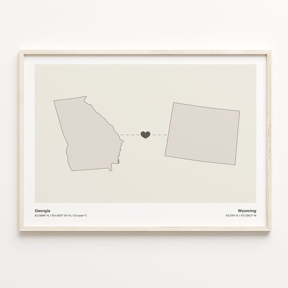 Georgia To Wyoming Minimalist Heart State Map Connection Print