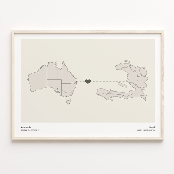 Australia To Haiti Minimalist Map Heart Connection Gift Poster
