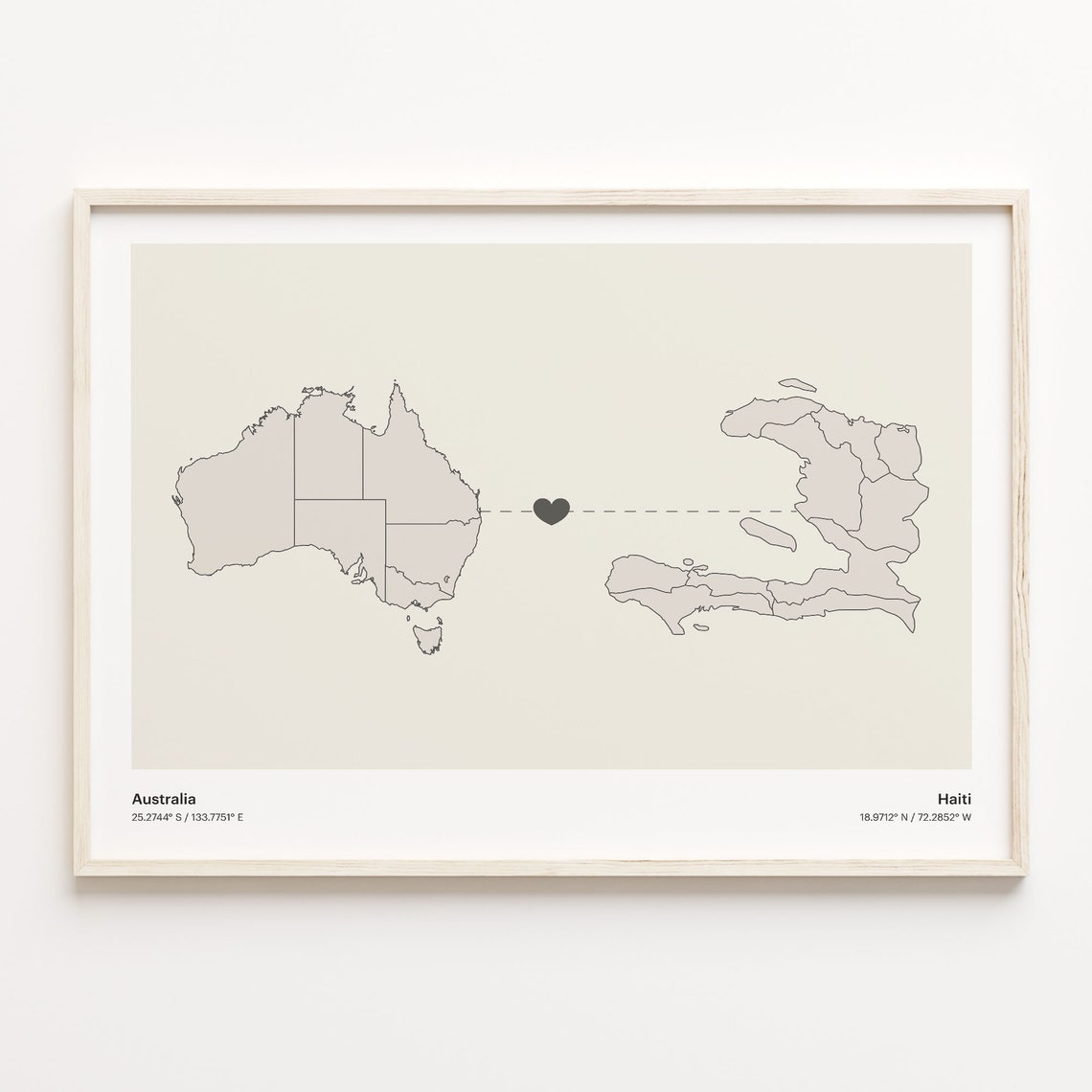 Australia To Haiti Minimalist Map Heart Connection Gift Poster