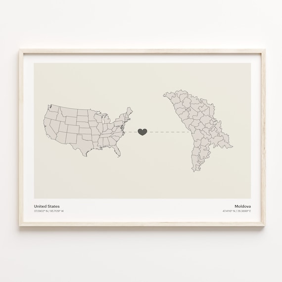 United States to Moldova Heart Connection Map Minimalist Poster