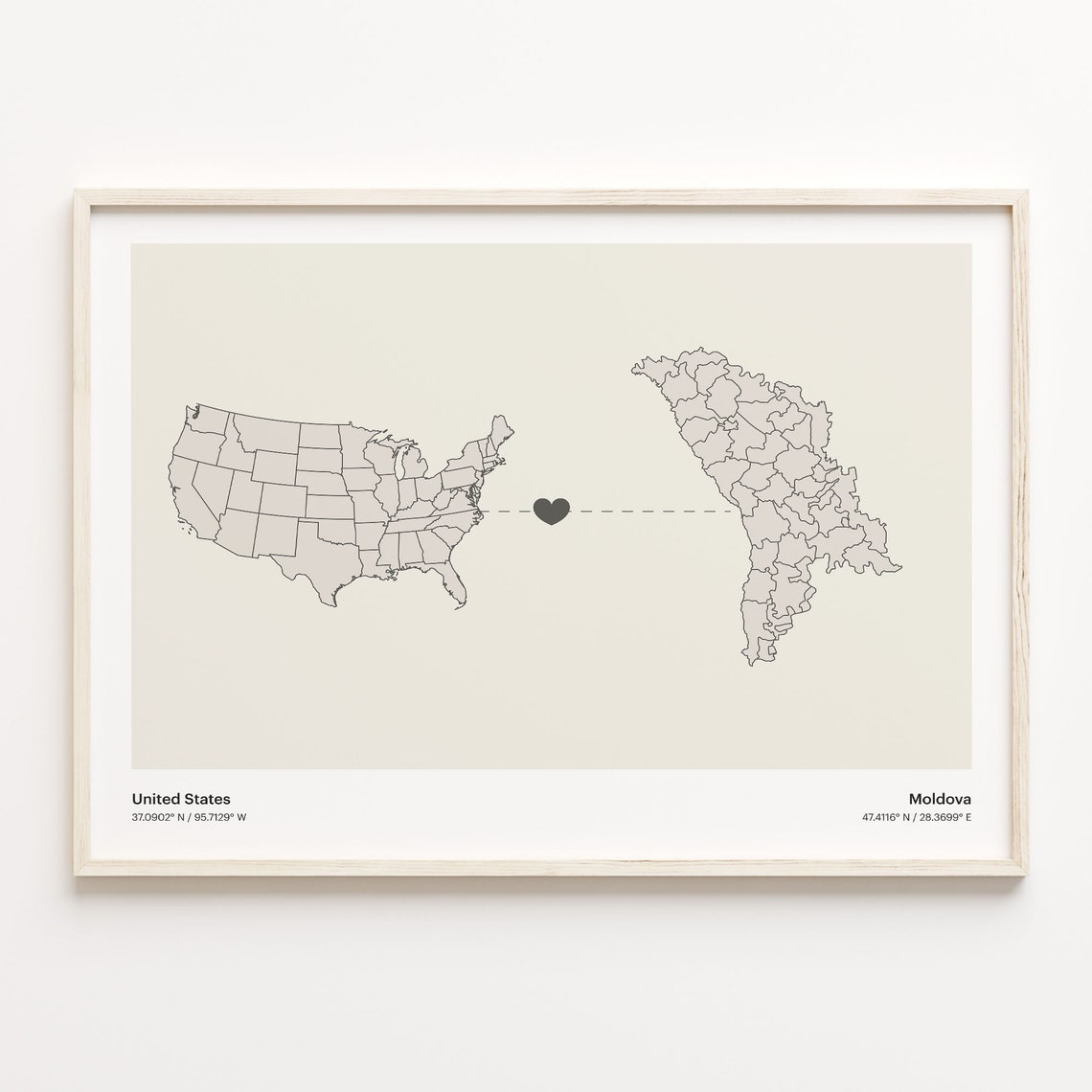 United States to Moldova Heart Connection Map Minimalist Poster