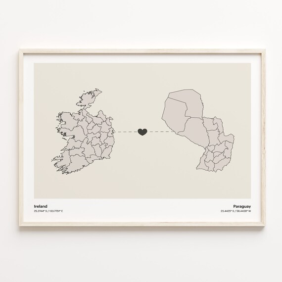 Ireland to Paraguay Heart Map Long Distance Love Art Gift Poster