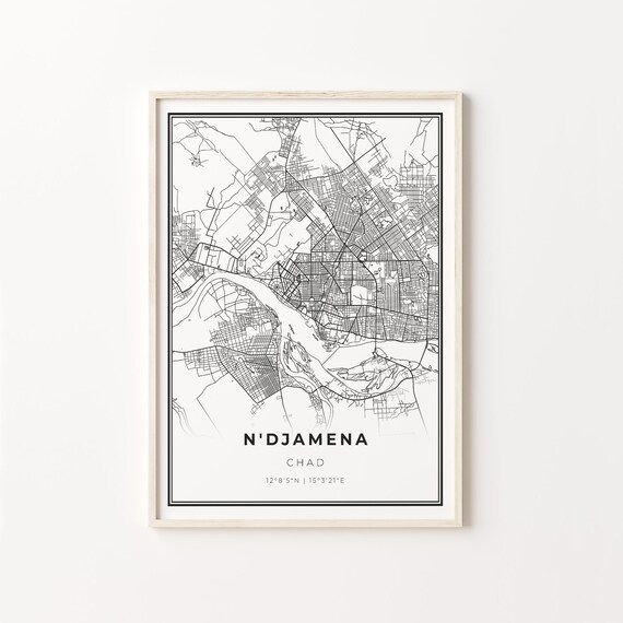 N'Djamena Chad Black and White Street Map Minimalist Decor Poster