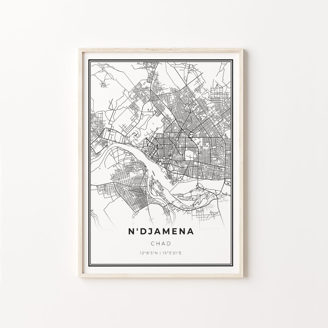 N'Djamena Chad Black and White Street Map Minimalist Decor Poster