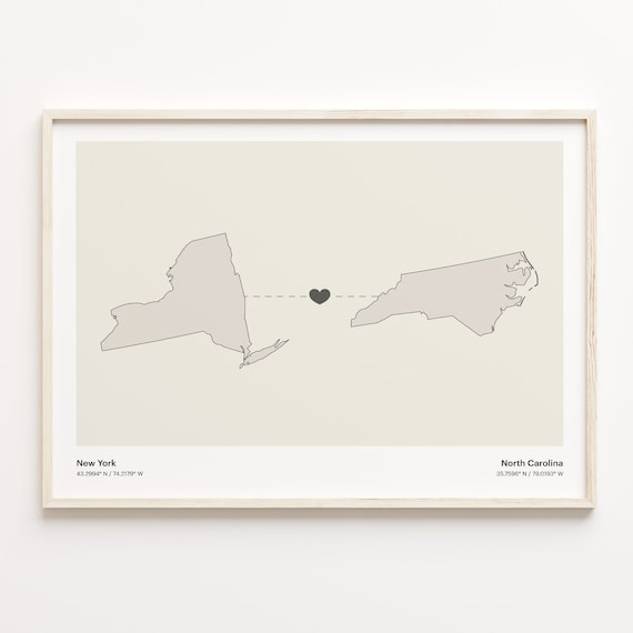 New York North Carolina Minimalist Long Distance Love Heart Map Poster